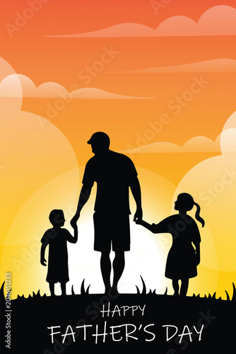 Happy Father's Day Family Silhouette Sunset Vector Illustration