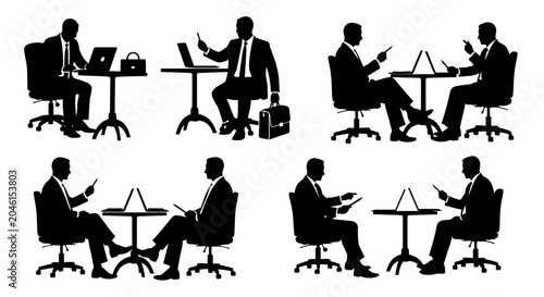 Business people working at office desks silhouette set