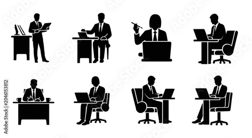 Business people working at office desks, black silhouette icons set