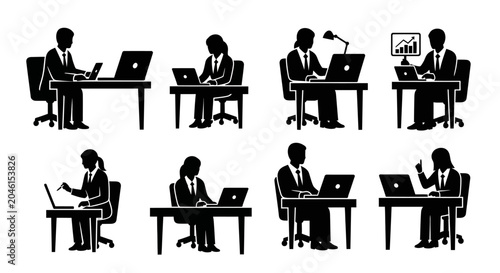 Business people working at office desks, black silhouettes set
