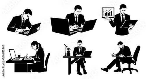 Business people working at office desks, set of monochrome vector icons