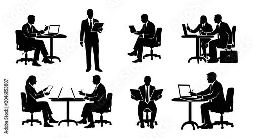 Business people working in office silhouettes set