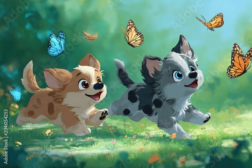 cute characters as playful puppies chasing butterflies