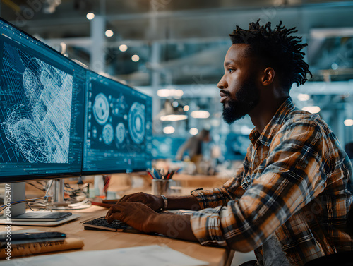 African American male designer working on computer graphics at a modern office desk with dual monitors displaying technical designs and a creative workspace in the background