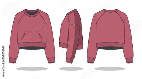 A pink sweatshirt in three views.