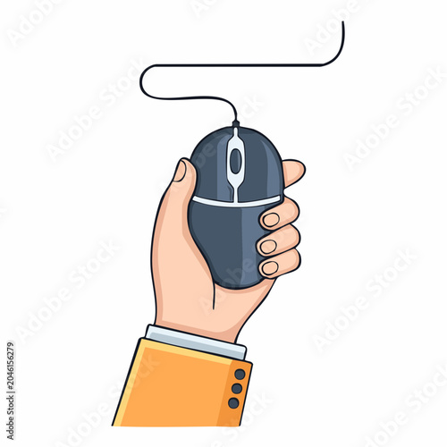 Hand holding a computer mouse with cable