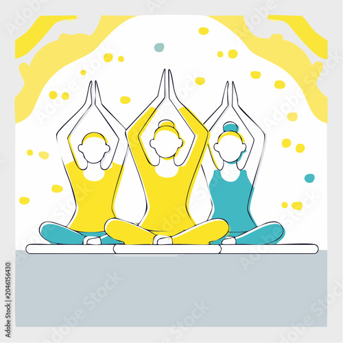 Three people meditating in yoga pose with hands raised