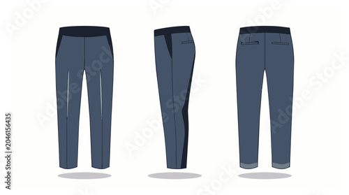 Illustration of blue pants in three views.