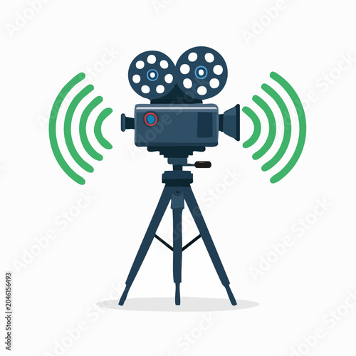 Vintage film camera on tripod with sound waves