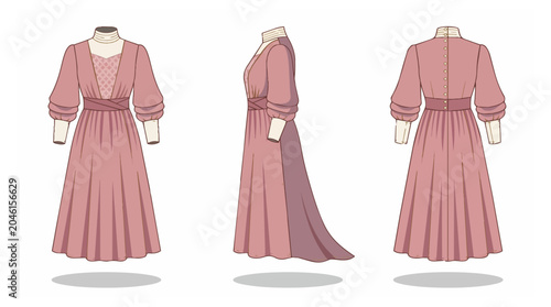 Fashion illustration of a pink Victorian dress.