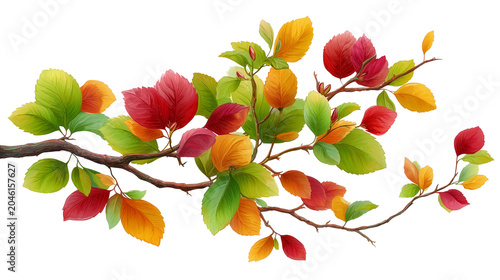 Illustration autumn tree branch, bright orange and yellow leaves on transparent background