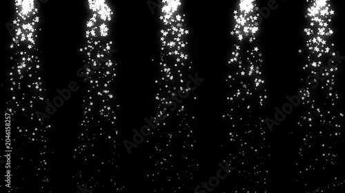 Falling white glitter stars and sparkling stardust overlay animation on black background, fast glowing confetti star rain with twinkling magical brilliance, seamless 4k loop for festive cosmic eventsv
