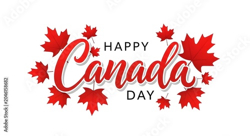 Happy canada day typography with maple leaves festive july 1st celebration graphic