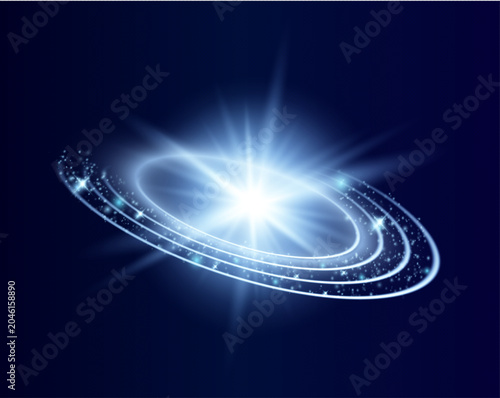 Glowing Cosmic Galaxy Orbit with Bright Starburst on Blue Background Vector Design