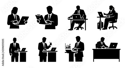 Business people working with laptops and tablets, professional silhouettes