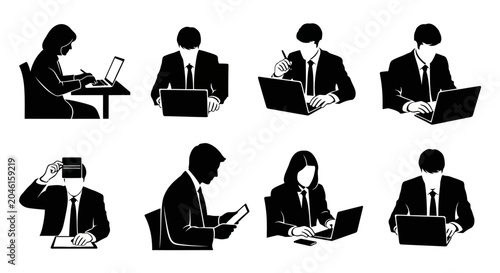 Business People Working with Laptops Silhouettes Set