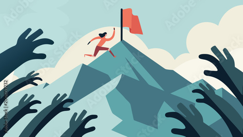 Foto Person Running Up Mountain With Reaching Hands Vector Illustration