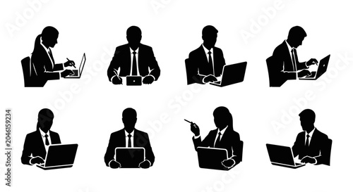 Business People Working with Laptops Silhouettes Set