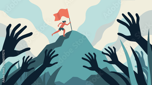 Bild auf Leinwand Person Running With Flag On Mountain Illustrated Vector Scene