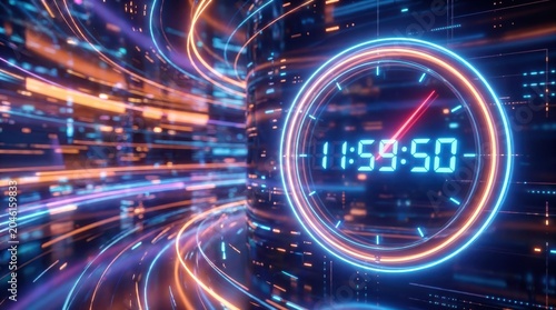 Digital clock display with time ticking 11:59:50 surrounded by glowing data lines.