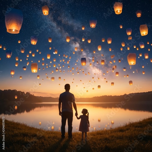 Parent and child by a serene lake, watching glowing sky lanterns rise into a star-filled night sky, a magical scene of hope, dreams, and family connection