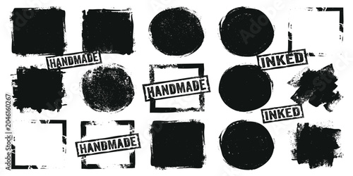Fotografía Set of black ink brush strokes and stamp textures with handmade and inked labels