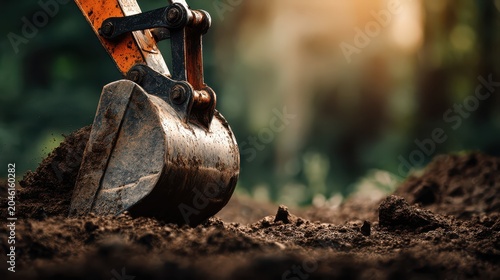 Industrial excavator bucket digging into rich dark soil on construction site at sunset day.
