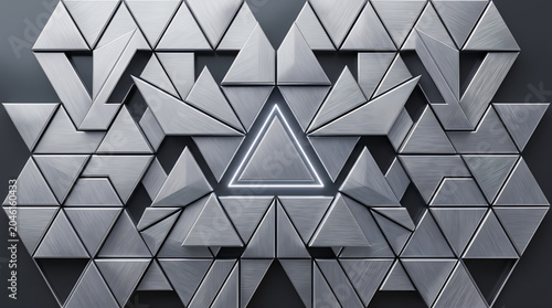 Abstract Futuristic Metallic Triangle Matrix Background with Central Glowing Tech Node