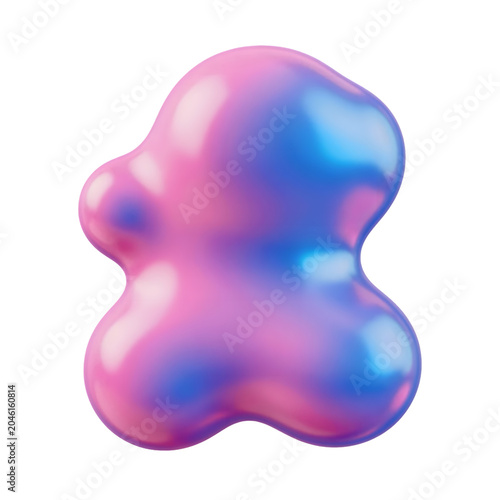 Glossy abstract 3D fluid blob, with a vibrant pink and blue iridescent gradient. Perfect for modern digital art and contemporary graphic design elements