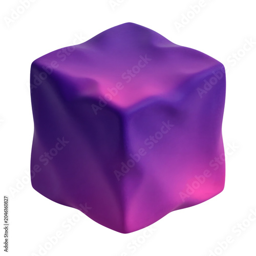 Abstract 3D rendering of a purple and pink gradient cube with a smooth, slightly distorted surface against a white background, conceptual art