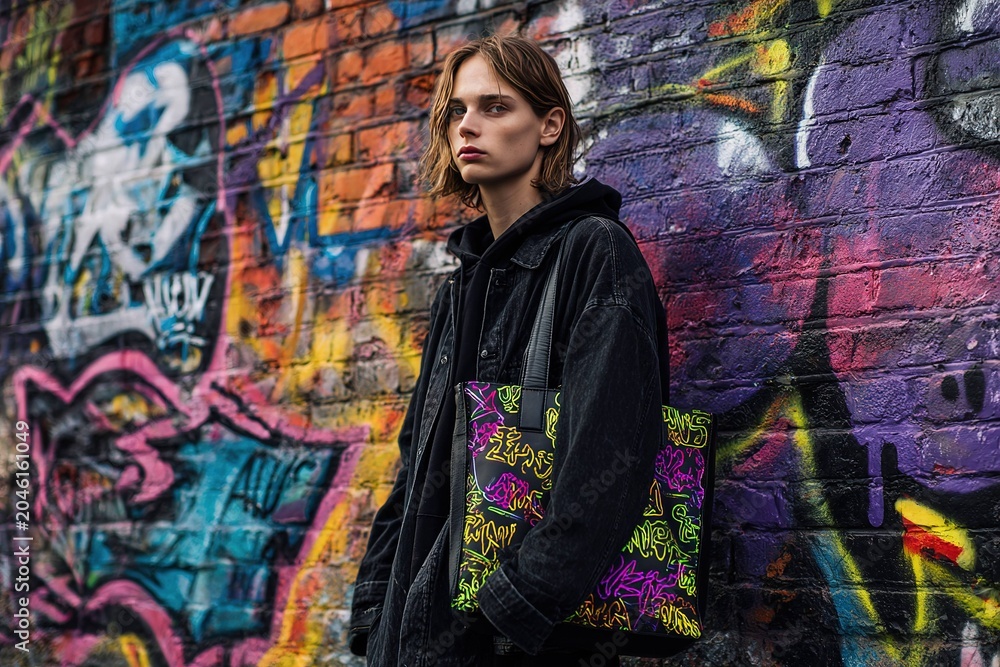 Naklejka premium black tote bag with neon graffiti style prints for streetwear look