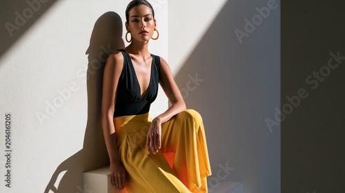high fashion summer editorial in modern mediterranean villa with cinematic sunlight