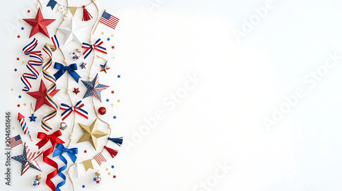 Festive red, white, and blue decorations featuring stars, ribbons, and small flags, artfully arranged on a clean white background to signify national pride and celebration