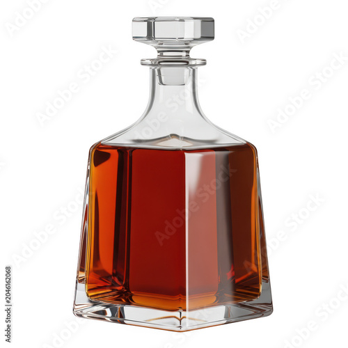 A decanter filled with amber-colored liquid, possibly whiskey, with a metal stopper.
