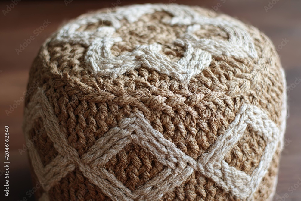 Obraz premium jute pouf with diamond weave design in natural beige color