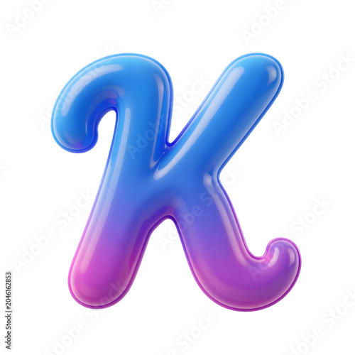 Playful and vibrant 3D rendered letter K, featuring a captivating blue to purple gradient finish, creating a shiny and balloon-like aesthetic for eye-catching typography