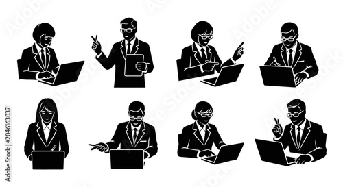 Business professionals working with laptops in black and white icons