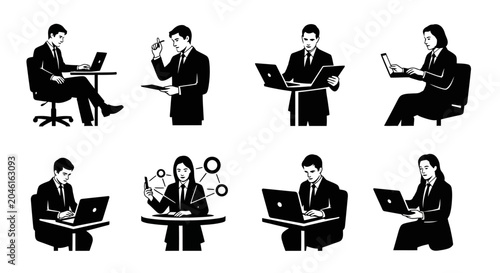 Business Professionals Working with Laptops, Corporate Productivity Set