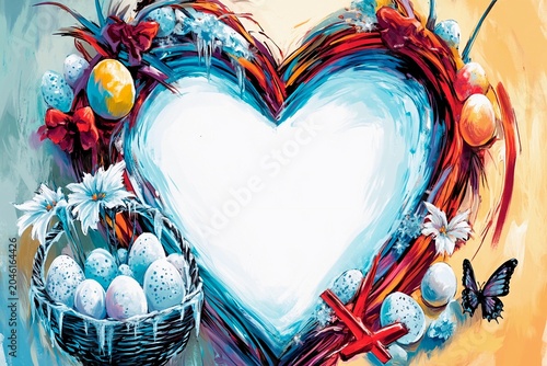 Colorful icy vortex frame showcasing Easter symbols in a heart shape