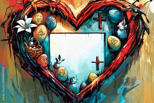 Easter postcard featuring a mystic rune frame with colorful decorations