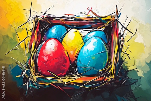 Colorful easter crowns with flowers and eggs in a sunny spring garden