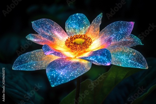 Symmetrical flower with glowing petals shines brightly in a dark setting