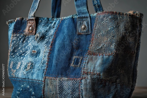 rugged denim tote bag with stitched patches and raw edges