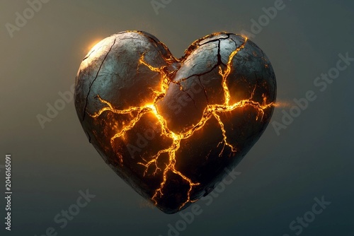 Mending a cracked heart with glowing gold veins in a mystical environment