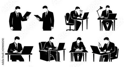 Businessman silhouettes set working with laptops and documents