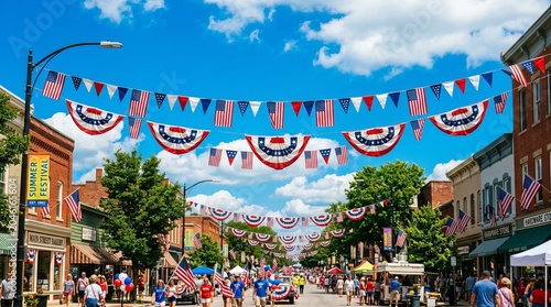 American flags and festive bunting adorn a charming small town street for an Independence Day summer festival celebration.