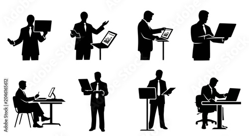 Businessmen Silhouette Collection Working with Laptops and Documents
