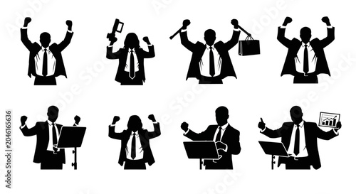 Businessmen Silhouettes Celebrating Success with Charts and Briefcases