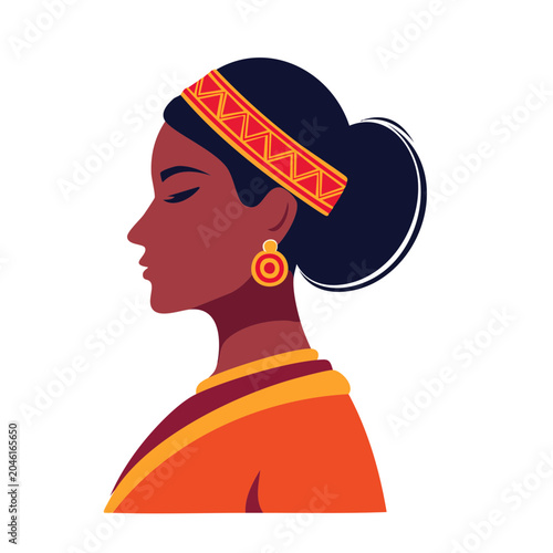 Flat design illustration of a woman in profile with traditional attire