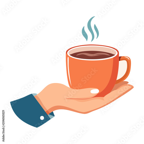 Hand holding a steaming orange coffee cup, flat design